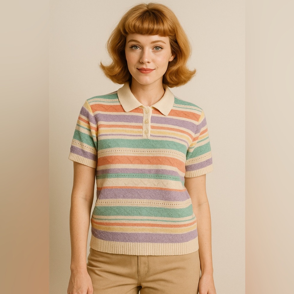 Vintage Alfred Dunner Pastel Stripe Knit Polo Top PL Short Sleeve Retro 80s 90s